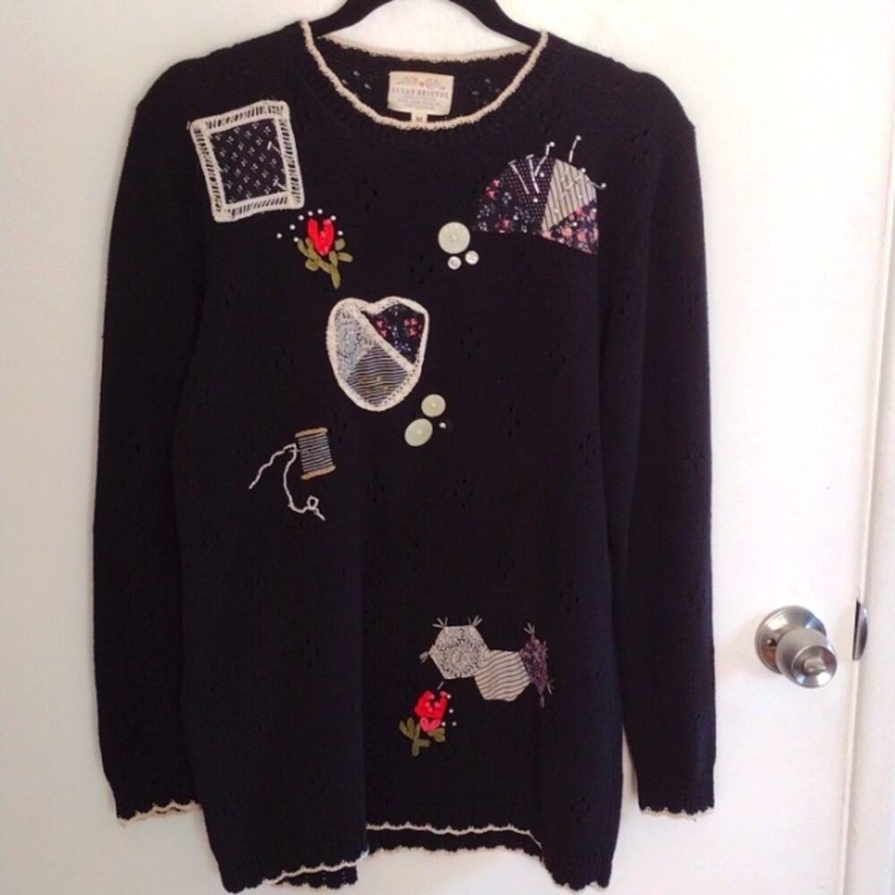 Vintage Susan Bristol Cotton Ramie 90s Patchwork Black Long Sleeve Sweater